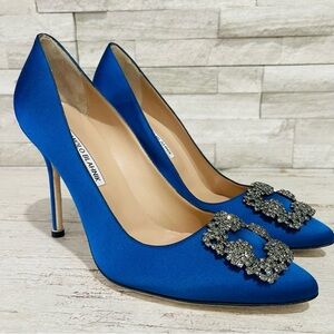 Manolo Blahnik Hangisi 105MM Embellished Crystal Buckle Pumps Blue Satin 39.5 EU